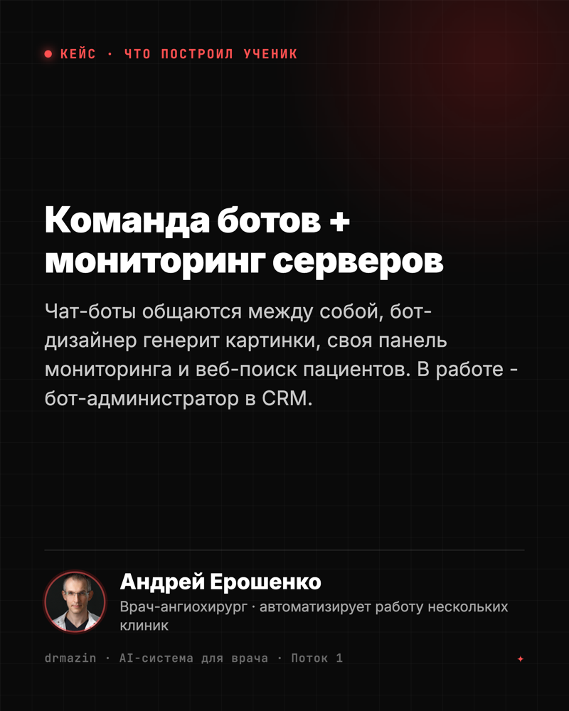 Кейс: Андрей Ерошенко, ангиохирург - команда ботов и панель мониторинга серверов, автоматизирует клиники